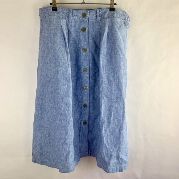 Lands End 100% Linen Chambray Skirt Sz 16 Blue Prairie Cottagecore Work Pull On - Picture 1 of 11
